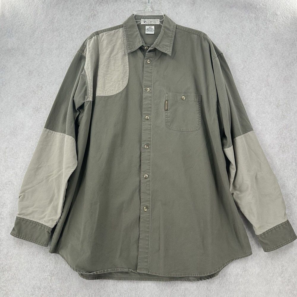 COLUMBIA Shirt Mens XL Cotton Canvas Shooting Hunting Shoulder Elbow Patch Green
